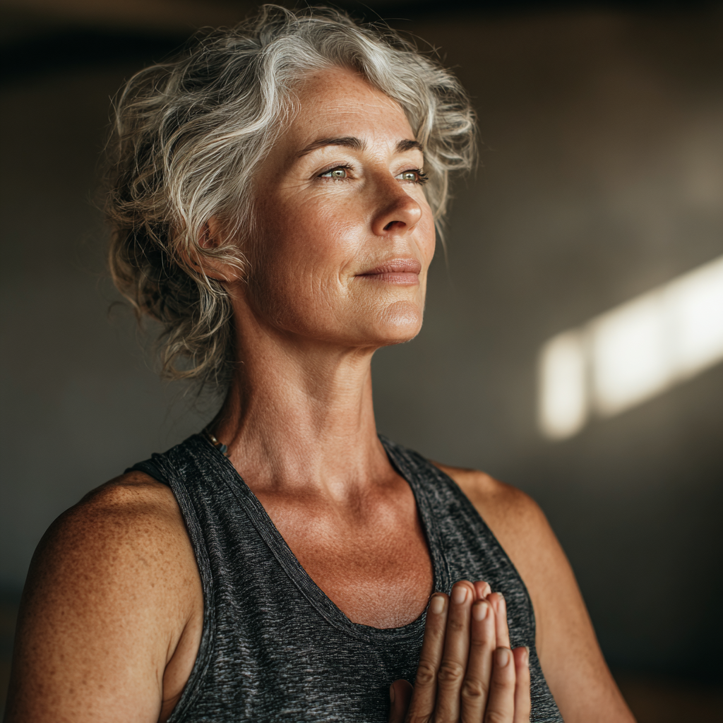 Mature woman in her 50s practicing yoga in peaceful studio setting, demonstrating mountain pose with serene expression and natural lighting