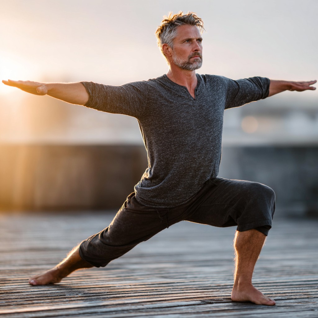 Middle-aged man in his late 40s practicing yoga outdoors on wooden deck, performing warrior pose with focused expression and morning sunlight